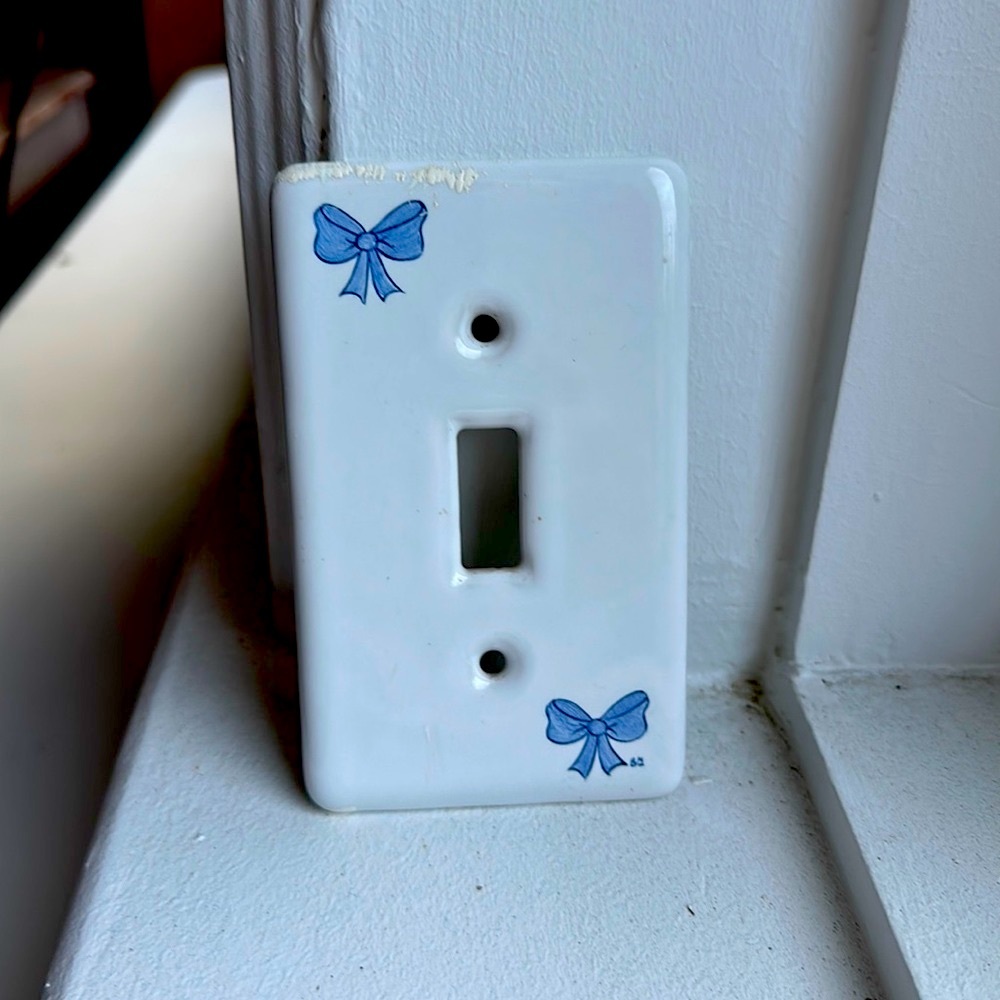 Hand-painted Vintage Light Switch Plate for Baby’s Room w/White and Blue Bows